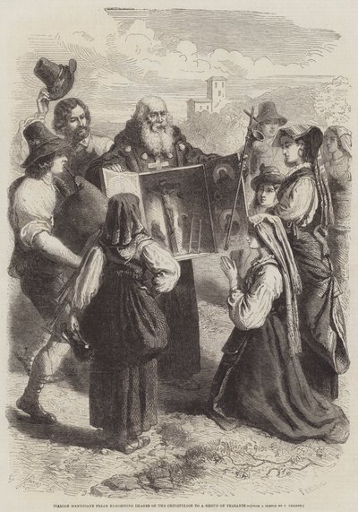 Fraile mendicante italiano exhibiendo imágenes de la crucifixión a un grupo de campesinos de Gustave Janet